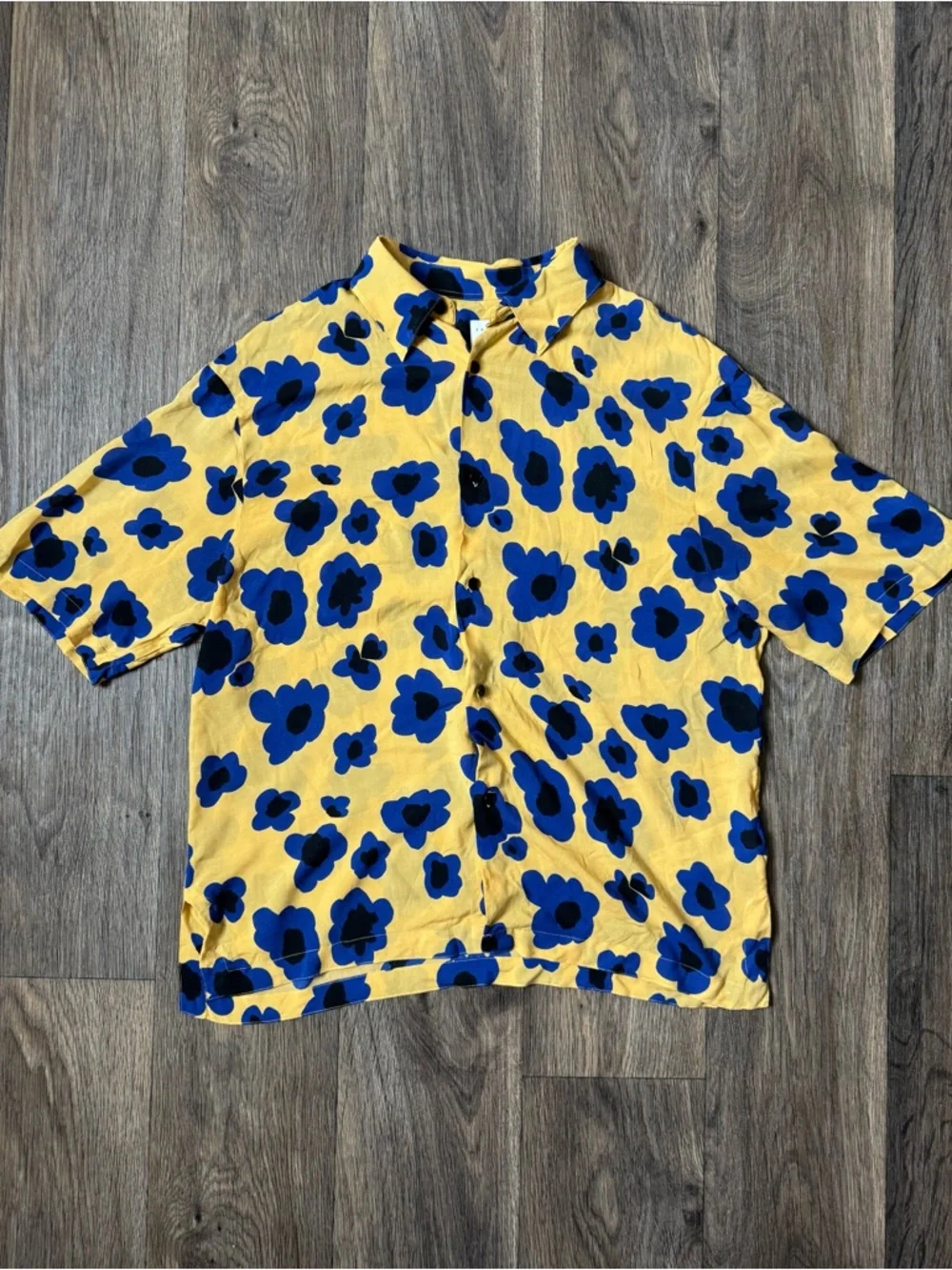 Sandro Paris Men's Yellow Blue Poppies Viscose Button-Up Shirt Size M - Picture 2 of 10